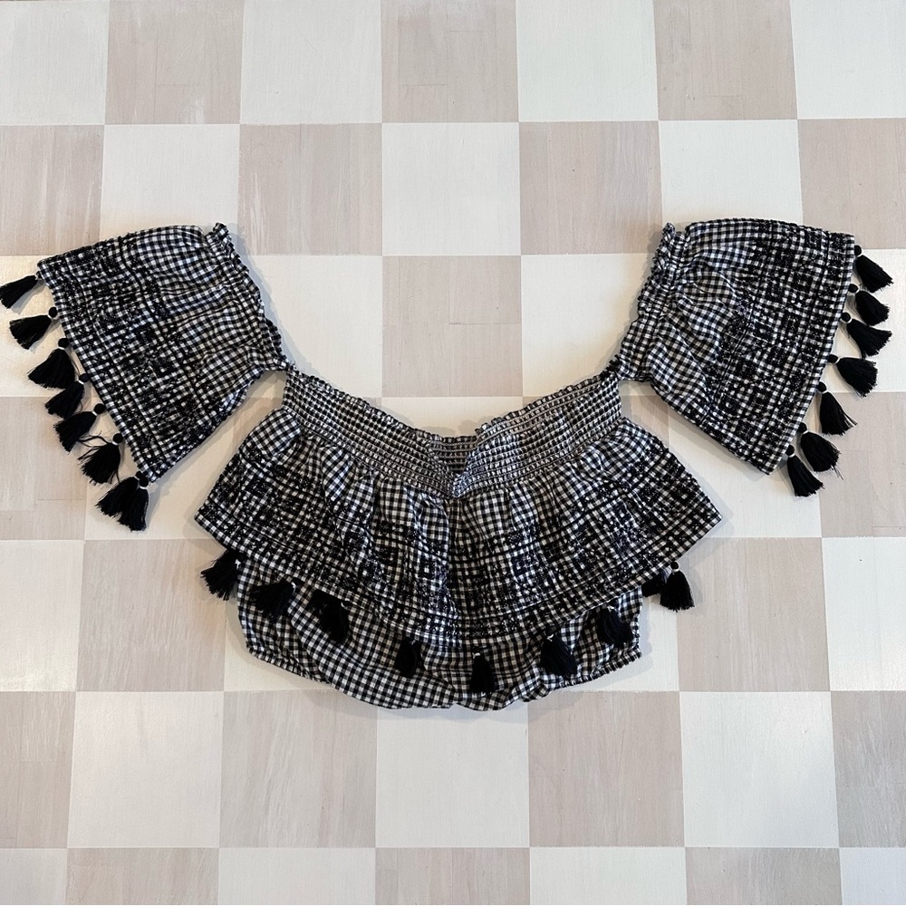 nwot • american eagle off the shoulder black white gingham tassel boho crop top